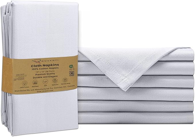 Ruvanti Cloth Napkins Set of 6, 100% Cotton High GSM 18x18 Inches Soft, Washable, Highly Durable & Absorbent, Perfect for Parties, Christmas, Thanksgiving Dinners – White