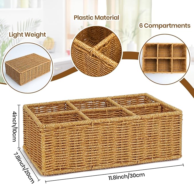Wicker Utensil Caddy, Woven Rattan Silverware Caddy, Countertop Cutlery Storage Basket Flatware Organizer, Knife Fork Spoon Holder for Party, Cabinet Tabletop Utensil Holder (L, brown)