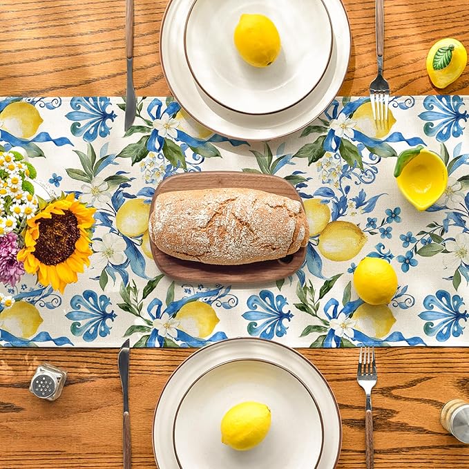 Artoid Mode Blue Lemon Iris Summer Table Runner, Seasonal Spring Kitchen Dining Table Decor for Home Party Decor 13x72 Inch