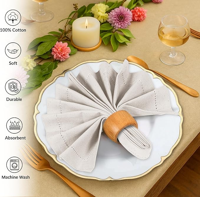 Ruvanti Cloth Napkins Set of 12, 100% Cotton High GSM 18x18 Inches, Hem Stitched Corners, Soft, Washable, Durable & Absorbent, Perfect for Parties, Christmas, Thanksgiving Dinners – Natural Color