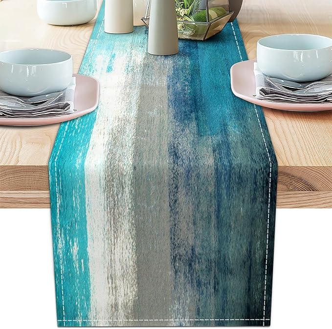 Teal Grey Table Runners Modern Art Farmhouse Linen Table Runners Dresser Scarves Retro Rustic Style for Party Kitchen Dining Table Coffee Holiday Party Decor (13"x 90", Teal Grey)