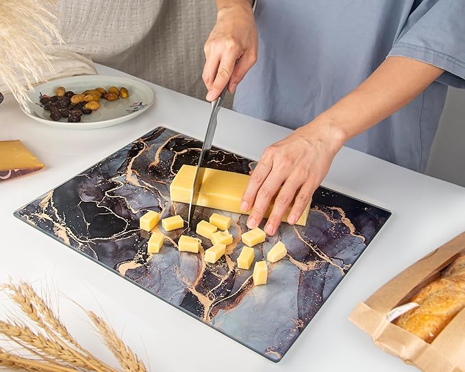 Kitchenville Glass Cutting Board 16"x12": Tempered Glass Kitchen Counter Protector - Durable- Scratch-Resistant, Heat-Proof - Design 8 - Grey & Gold
