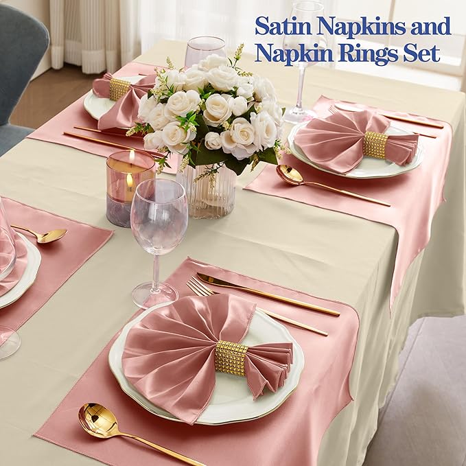 RUDONG M 100 Pcs Rose Gold Satin Napkins and Napkin Rings Set, 17 x 17 Inch Square Cloth Napkins Set of 50, Silky Soft Table Napkins Bulk for Weddings, Banquet, Parties Dinner Decoration