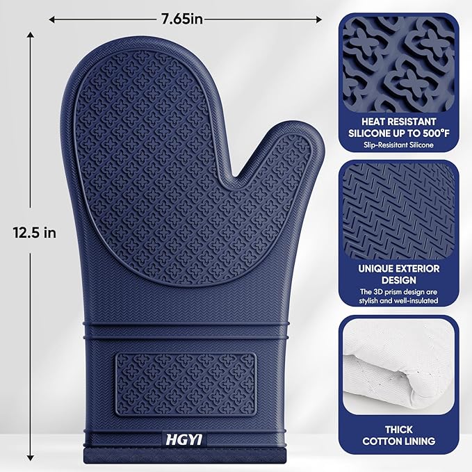 Silicone Oven Mitts, Heat Resistant Oven Gloves with Quilted Liner, Waterproof & Non-Slip Kitchen Mittens for Baking Cooking BBQ, 500°F, 12.5"-Ink Blue