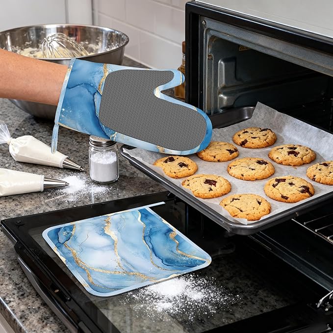 Blue Gold Marble Heat-Resistant Silicone Oven Mitts and Pot Holder 4 Piece Set,Non-Slip Kitchen Oven Gloves for Baking, BBQ, Cooking,Grilling