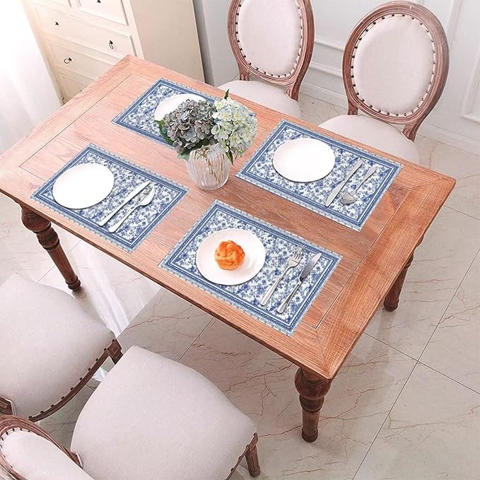 Floral Placemats 12x18 Inch Set of 4, Flower Print Linen Table Place Mat Neutral Vintage Decoration Washable Table Mats Blue Floral Decorative Linen Fabric Table Mat for Dining Table