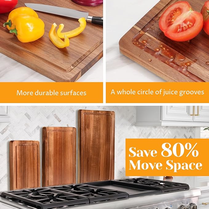 Acacia Wood Cutting Board Set of 3, Solid Wood Cutting Board with Holder, Deep Juice Grooves & Built-in Handles, Durable Wooden Chopping Board Set for Meat, Vegetables, Cheese, Kitchen Prep