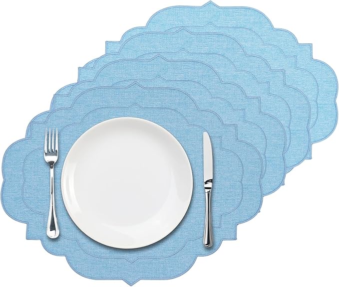 Cotton Linen Oval Placemats Set of 4, HADEEONG Table Mats Cloth Placemats, Washable Wrinkle Resistance, Scalloped & Embroidered Fabric Placemats, 17.71 x 13.77inch (Sky Blue, 4)