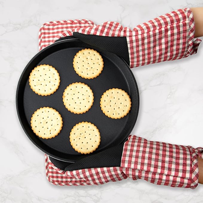 Oven Mitts and PotHolders Sets, 4 Pcs Kitchen Oven Glove High Heat Resistant 400°F Pot Holders for Kitchen, Non-Slip Neoprene Oven Mitts are Suitable for Cooking, Baking (Red Grid)