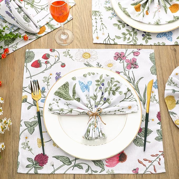 Funnymoom 24 Pcs Herbs and Wild Flowers Cloth Napkins Floral Plants Reusable Napkins Country French Toile Dinner Soft Absorbent for Summer Holiday Party