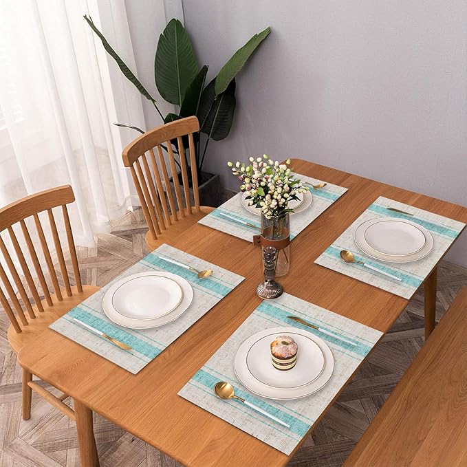 CSFOTO Modern Minimalist Line Decorative Placemats Set of 4 Heat-Resistant Non-Slip Kitchen Table Mats Khaki Woven Rectangle Placemats for Dining Table 18"x12" Washable, Light Blue Stripe