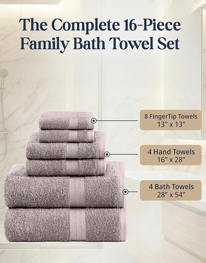 LANE LINEN 100% Ring Spun Cotton Bathroom Towel Set - 16 Piece - Soft, Quick Dry & Highly Absorbent - 4 Bath, 8 Wash cloths, 4 Hand Towels - Ideal for Guests & Perfect for Bathroom decor - Platinum