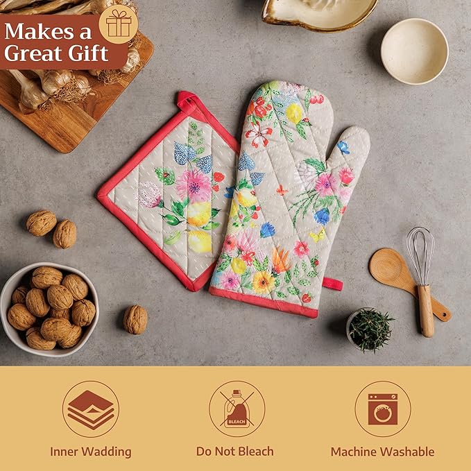 Maison d' Hermine Pot Holders 100% Cotton Heat Resistant Potholders 8" x 8" Hot Pads with Loop BBQ Cooking Gifts for Mothers Day Handling Hot Pans Spring/Summer (Pack of 2, Jardin D'Ete - Fog)