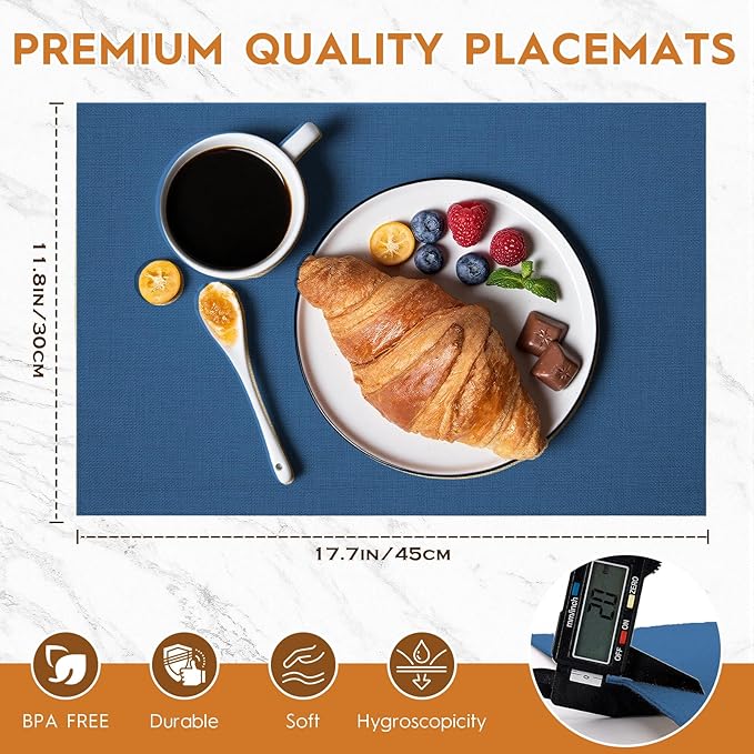 Placemats Set of 6 Linen Type Fabric Cloth Placemats, 18x12 Inch Double Layered Thick Wrinkle Free Heat Resistant Table Place, for Dining, Kitchen, Party (45 * 30cm, Dark Blue)