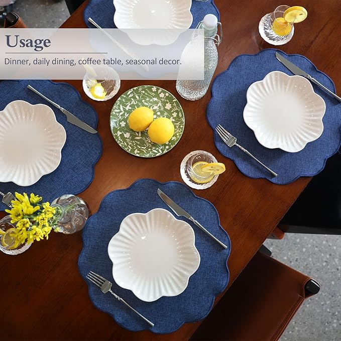 AHHFSMEI Round Faux Linen Placemats Set of 6 Heat Resistant Non-Slip Stain Proof Table Mats for Kitchen Dining Elegant Decor Place Mats (Navy Blue,6)