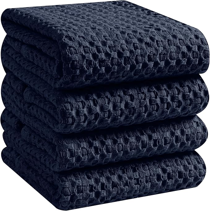 Native Fab Premium Waffle Weave Kitchen Towels, 4 Pack, 100% Cotton, 16x26 inch, Super Absorbent, Reusable Cleaning Cloths, Dish Towels for Drying Dishes, Washable Hand Towels, Navy Blue