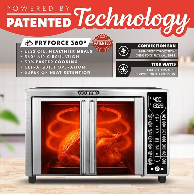 Gourmia French Door Air Fryer – 25 Qt Large Capacity Convection Oven, Fryfroce 360°, Digital Display with 17 Cooking Presets, Bake, Toast, Roast, Dehydrate, Fits 12” Pizza