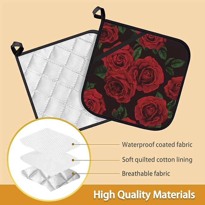 Vintage Red Rose Pot Holder Set of 2,Heat Resistant Potholders Oven Hot Pads for Kitchen Cooking Baking BBQ