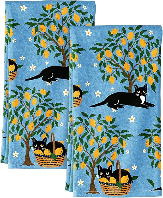 Miss Adola Flour Sack Kitchen Towels - Set of 2 Cotton Dish Towels with Hanging Loop Decorative 18x26 Inch Absorbent Cute Design for Housewarming Gifts, Lemon Cat