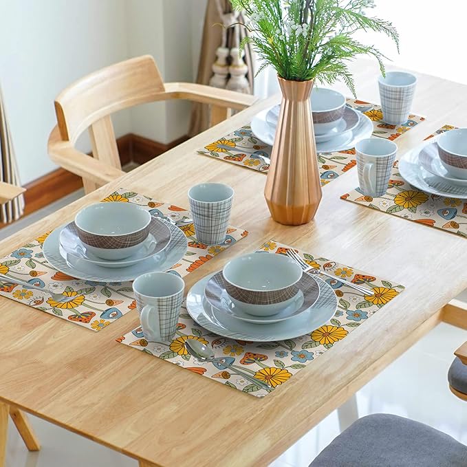 Retro Boho Floral Placemats Set of 6 70s Vintage Cute Abstract Mushrooms Fun Linen Washable Kitchen Dining Table Mats Stain Heat-Resistant Desktop Decor Place Mats for Home Party Dinner 12x18 in…