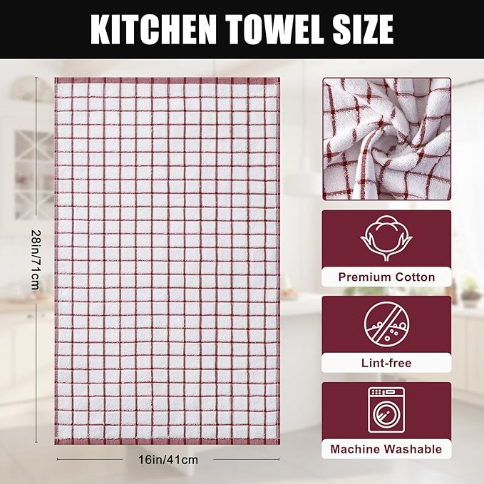 Homaxy Premium Kitchen Towels(16”x 28”, 6 Pack), Large Ring Spun Cotton Dish Towels, Super Absorbent Soft Terry Kitchen Hand Towels, Check Design Tea Towel Set with Hanging Loop, Red