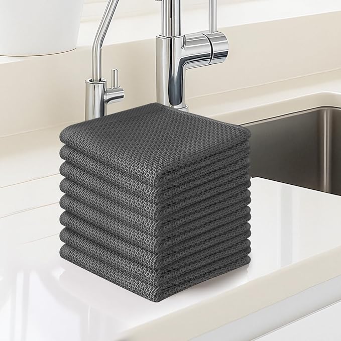 100% Cotton Waffle Weave Kitchen Towels, 8 Pack Dish Cloths for Washing Dishes, Ultra Soft Absorbent Dish Towels, Quick Drying Kitchen Rags, 12x12 Inches, Dark Grey