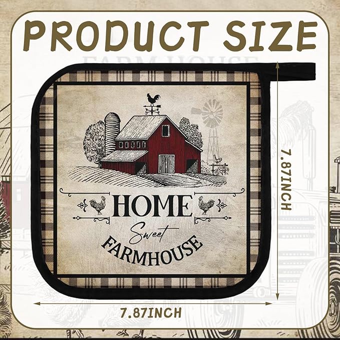 Bencailor 12 Pcs Pot Holders with Pocket Kitchen Hot Potholders Hot Pad Oven Mitts Cookie Bag Oven Gloves for Kitchen Gift Baking Cooking(Brown,Farmhouse Rooster)
