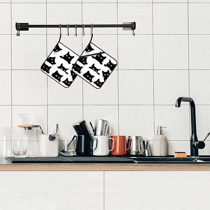 Cute Black Cat Pot Holders Set of 2 Kitchen Heat Resistant Potholder for Microwave Cooking Baking Oven End Dishes and BBQ
