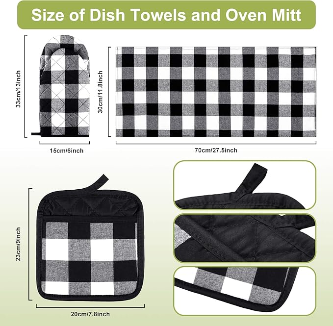 7 Pieces Buffalo Check Dish Towels Pot Holders Oven Mitts Set Cotton Plaid Kitchen Dish Towels Non-Slip Heat Resistant Oven Mitts and Pot Holders for Cooking Baking Grilling Supply (Black with White)
