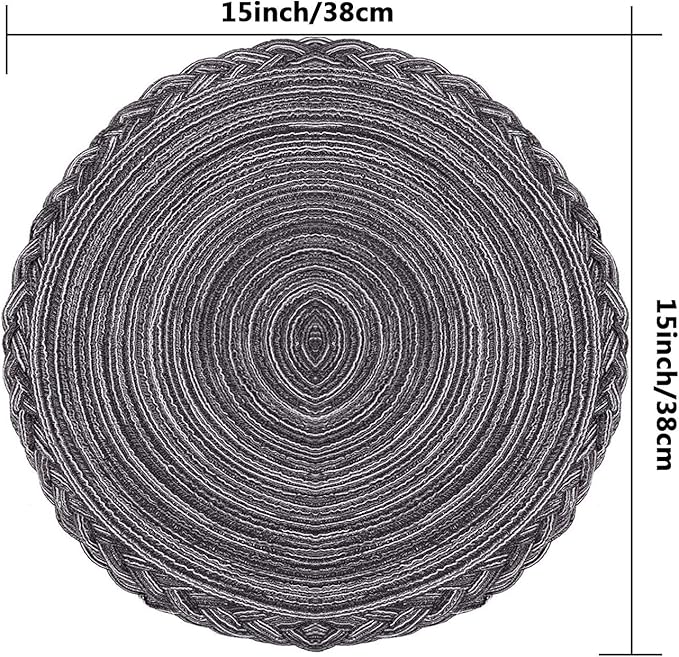 Indoor and Outdoor Round Cotton Placemat, Non Slip Round Braided Placemats Cotton Polyester Table Mats for Dining Tables 15 inch (Gray and Black, Set of 4)