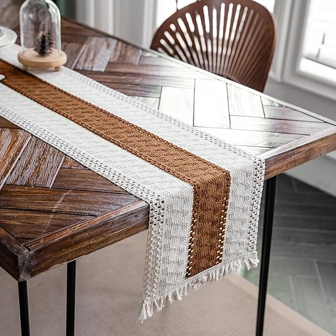 Alynsehom Macrame Table Runner Cream Beige and Caramel Boho Table Runners with Tassels Hand Woven Cotton Table Runner Rustic Farmhouse Table Runners for Bohemian Kitchen Dining Table(12x71in)