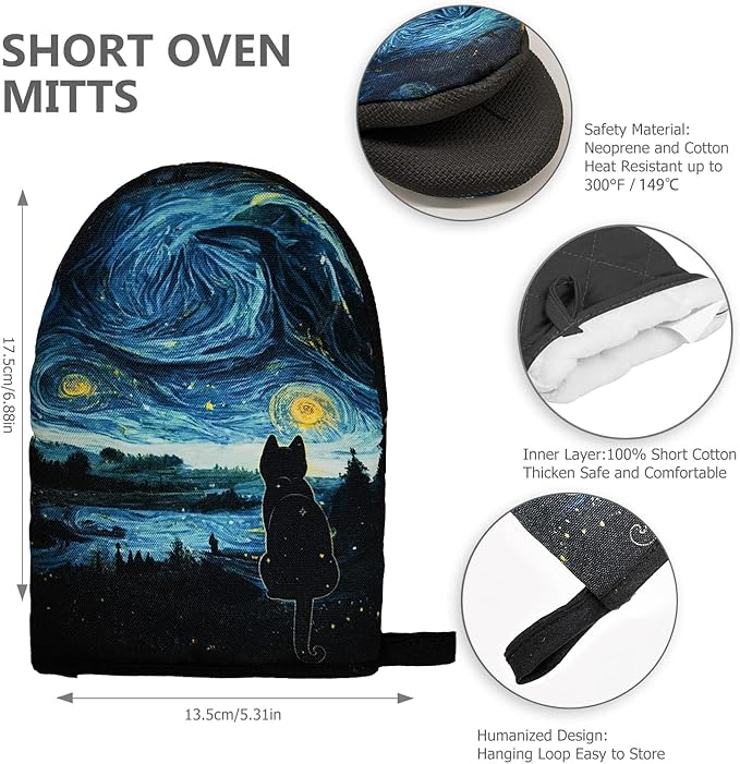 Black Cat Starry Night Oven Mitts, High Heat Resistant Kitchen Oven Gloves, Mini Silicone Oven Mitts, Non-Slip Grip Surfaces and Hanging Loop for Grilling, Baking, Cooking and Microwave, Gift