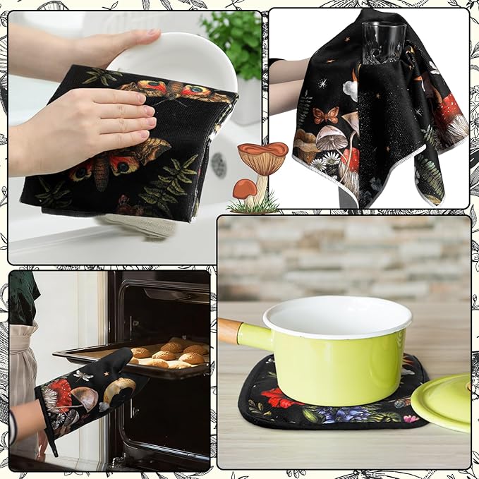 12 Pcs Black Witchy Kitchen Decor Set 4 Mushroom Kitchentowels 4 Absorbent Dishcloths 2 Sun Moon Star Oven Mitts Gloves 2 Butterfly Rustic Pot Holders Sets for Home Decorations Mom Gifts