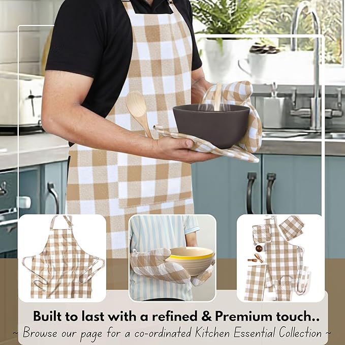 Native Fab Buffalo Plaid Check Oven Mitts and Pot Holders Set of 4, 100% Cotton Heat Resistant Kitchen Gloves, 2 Oven Mitts (7x13), 2 Pot Holders (8x8) for Cooking & Baking, Beige White
