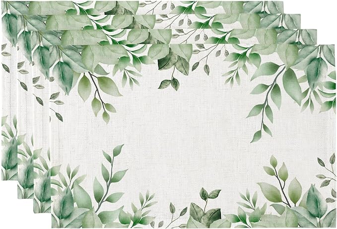 QiyI Boho Placemats Set of 4, 12x18 Inch Linen Fabric Place Mats for Kitchen Dinning, Farmhouse Rustic Cloth Table Mats, Washable Placemat Watercolor Foliage Party Table Décor, Green Leaves Border