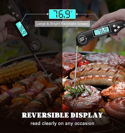 DOQAUS Digital Meat Thermometer, Instant Read Food Thermometer for Cooking with Backlit & Auto-Rotating Display, 4.6” Probe for Grilling, Baking, and Perfect BBQ - Black