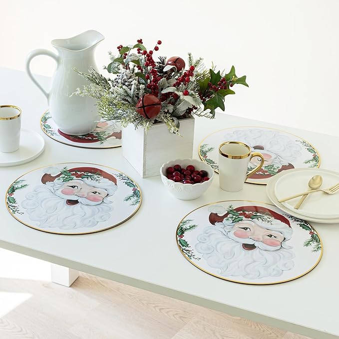 Benson Mills Cork Placemats Set of 4, Thick Cork Place Mats for Kitchen and Dining Tables, Easy Clean Table Mats for Christmas, Winter and Holidays (13.75" Round Set of 4, Joyful Santa)