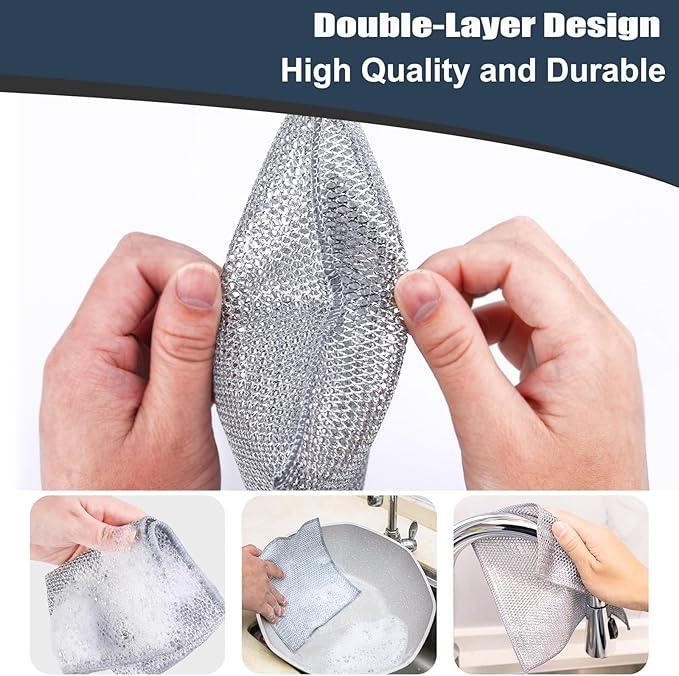 Navona 18 Pcs New Upgrade Steel Wire Dishcloth, Double-Layer Multipurpose Dishwashing Rag, Powerful Cleaning Non-Scratch Dishcloth Rag for Cookware, Sinks, Dishes, Stove Tops