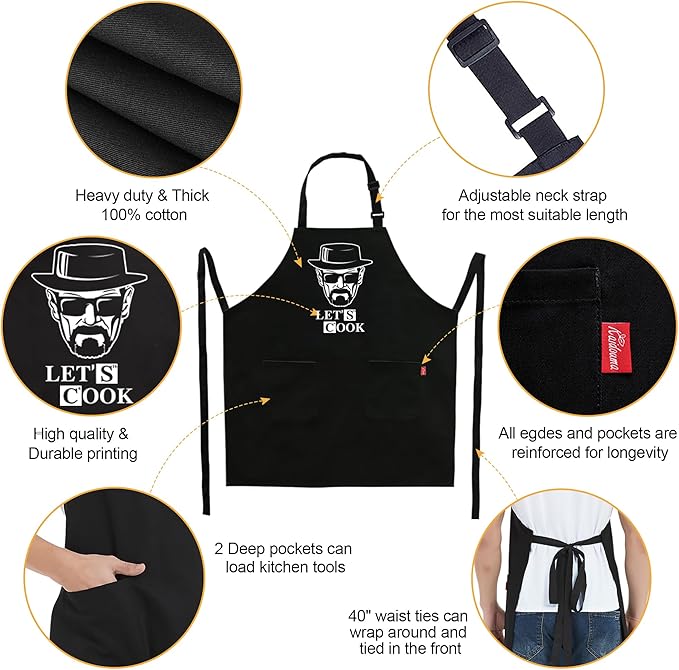 Kaidouma Funny Cooking Aprons for Men - Let’s Cook - Men's Black Funny Kitchen Chef Grilling BBQ Aprons with 2 Pockets - Birthday Father’s Day Christmas Gifts for Dad, Husband, Boyfriend, Movie Fans