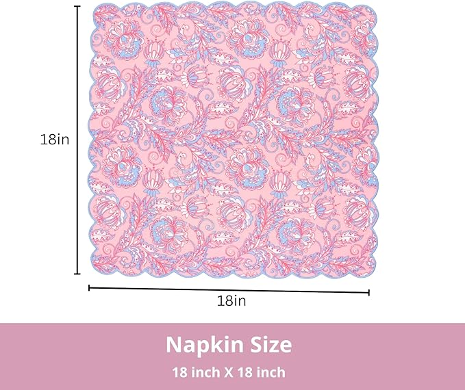 PurpleEssences Scalloped Embroidery Kalamkari Cloth Napkins - Spring Easter Summer - Table Decor - 100% Cotton - Set of 4-18x18 inch - Blush Pink Edges Light Blue