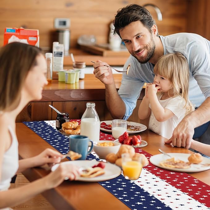72 x 13 Inches Patriotic Table Runner, Red White and Blue Star Print American Flag Runner for 4th of July, Memorial Day, Veterans Day, and Independence Day Table Top Kitchen Decorations
