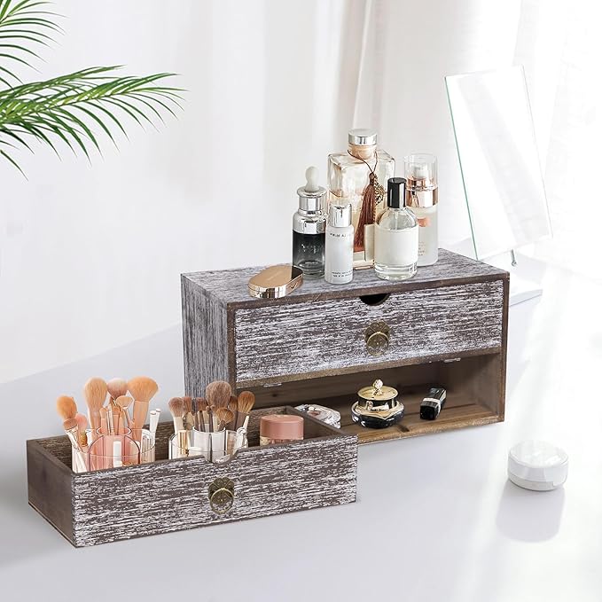 Wood Desk Organizer, Washed Brown Wooden Desktop Organizer with Drawer, Tabletop Storage Organization Box for Countertop, Home Office Supplies, Bills, 13.3 x 6.5 x 7 Inches(2 Drawer)