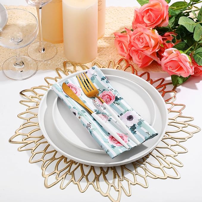 Tatuo Spring Flower Cotton Cloth Napkins Set of 24, 15 x 15 Inch Floral Dinner Napkins Soft Absorbent Washable for Family Cocktail Wedding Kitchen Dining Room Table Tea Party(Eucalyptus, Flowers)