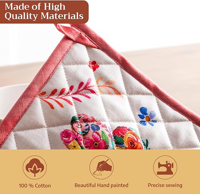 Maison d' Hermine Pot Holders 100% Cotton Heat Resistant Potholders 8" x 8" Hot Pads with Loop Baking Gifts for Mothers Day Handling Hot Pans Spring/Summer(Pack of 2, Happy Florals - High Summer)