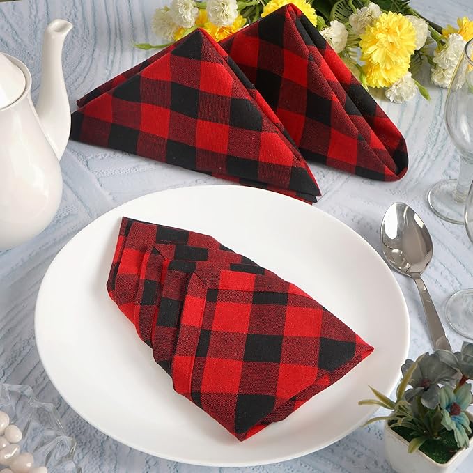 FINGERCRAFT Cloth Napkins, Everyday Use, Premium Quality, Cotton Buffalo Plaid, Set of 12, 20X20 Inch Oversized Napkins Cloth Mitered Corners, Soft, Durable Hotel Quality Red Black Checkered