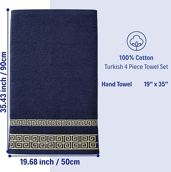 Luxury 4 Piece Hand Towel Set with Greek Key Design - 100% Cotton Soft & Absorbent Bathroom 19x35 in Large Towels - Quick Dry Navy Blue Hand Towels for Spa, Hotel & Home Use BB4