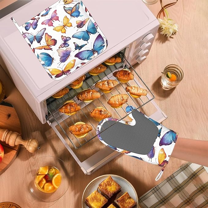 Colorful Butterflies Heat-Resistant Oven Mitts and Pot Holder Kitchen Non-Slip Silicone Cooking Microwave Gloves for Cooking Baking Grilling BBQ