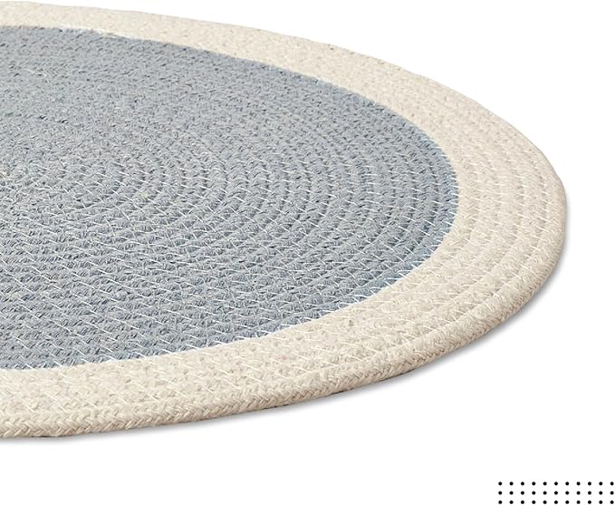 Encasa XO Dining Placemats Set of 4 | Cotton Round Table Mat - 13 in Diameter | Light Grey & Off White | Handmade Rib Style Chargers for Dinner Plates