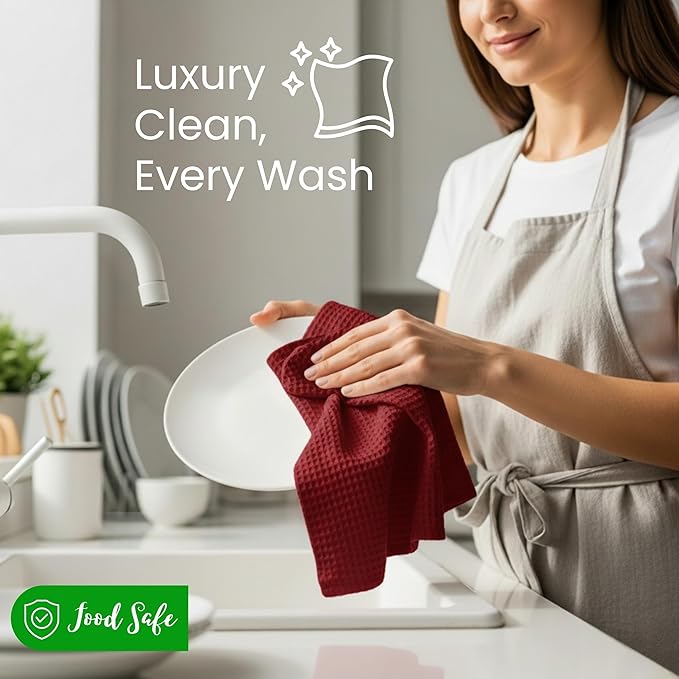 WHITEWRAP Premium Cotton Classic Waffle Weave Kitchen Dish Cloths, 12x12 Inch Ultra Absorbent Lint-Free Dish Towels, Fast Drying Dishcloths for Washing Dishes, 6 Pack, Red