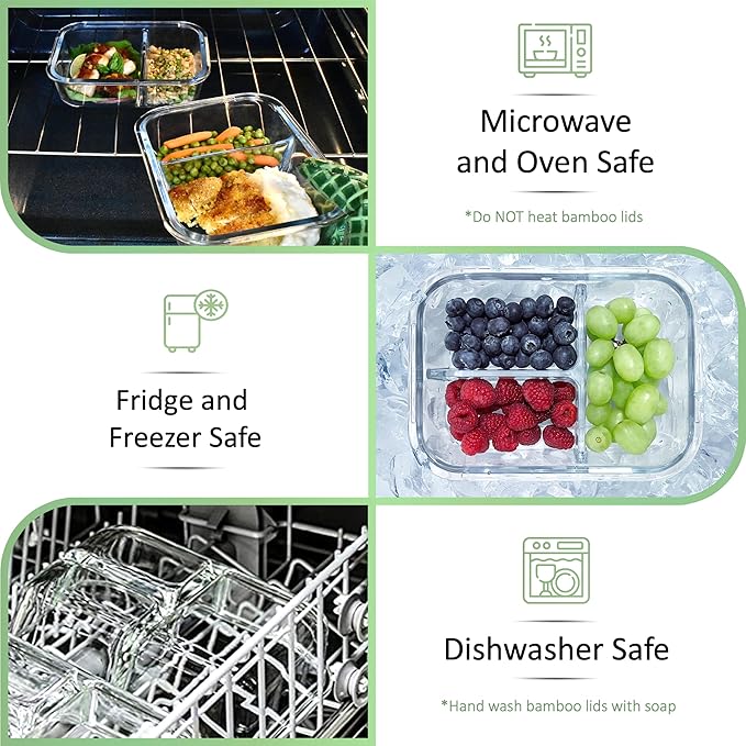EcoPreps Glass Bento Box Containers with Bamboo Lids, 3 Compartment Glass Meal Prep Containers (3 Pack) - 100% Plastic Free, Eco-Friendly Lunch Container Set, Bamboo Lid Bento Boxes for Adults